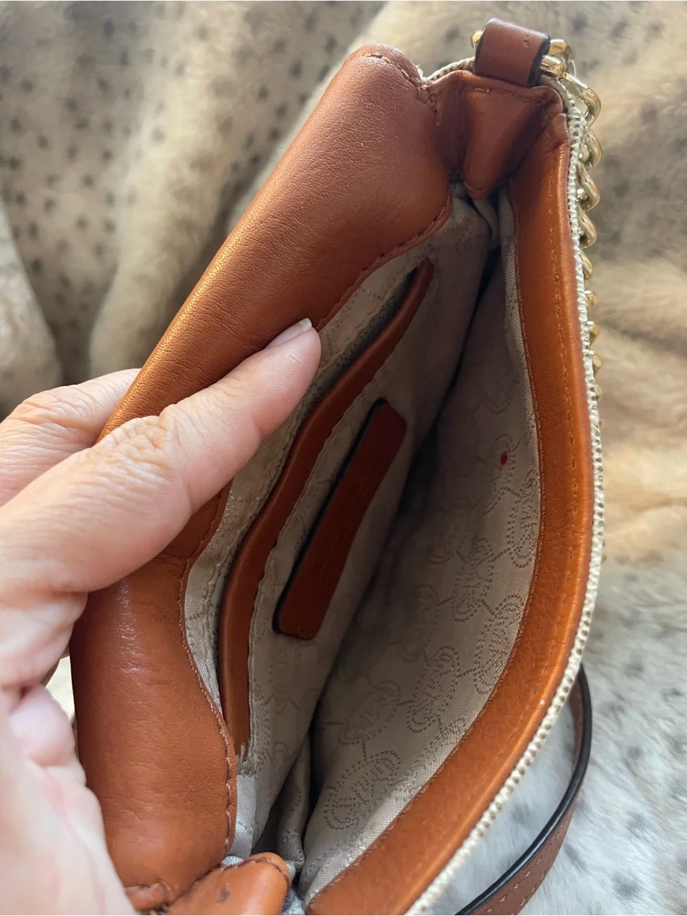 Michael Kors Cream Canvas & Brown Leather MK Logo Crossbody Bag